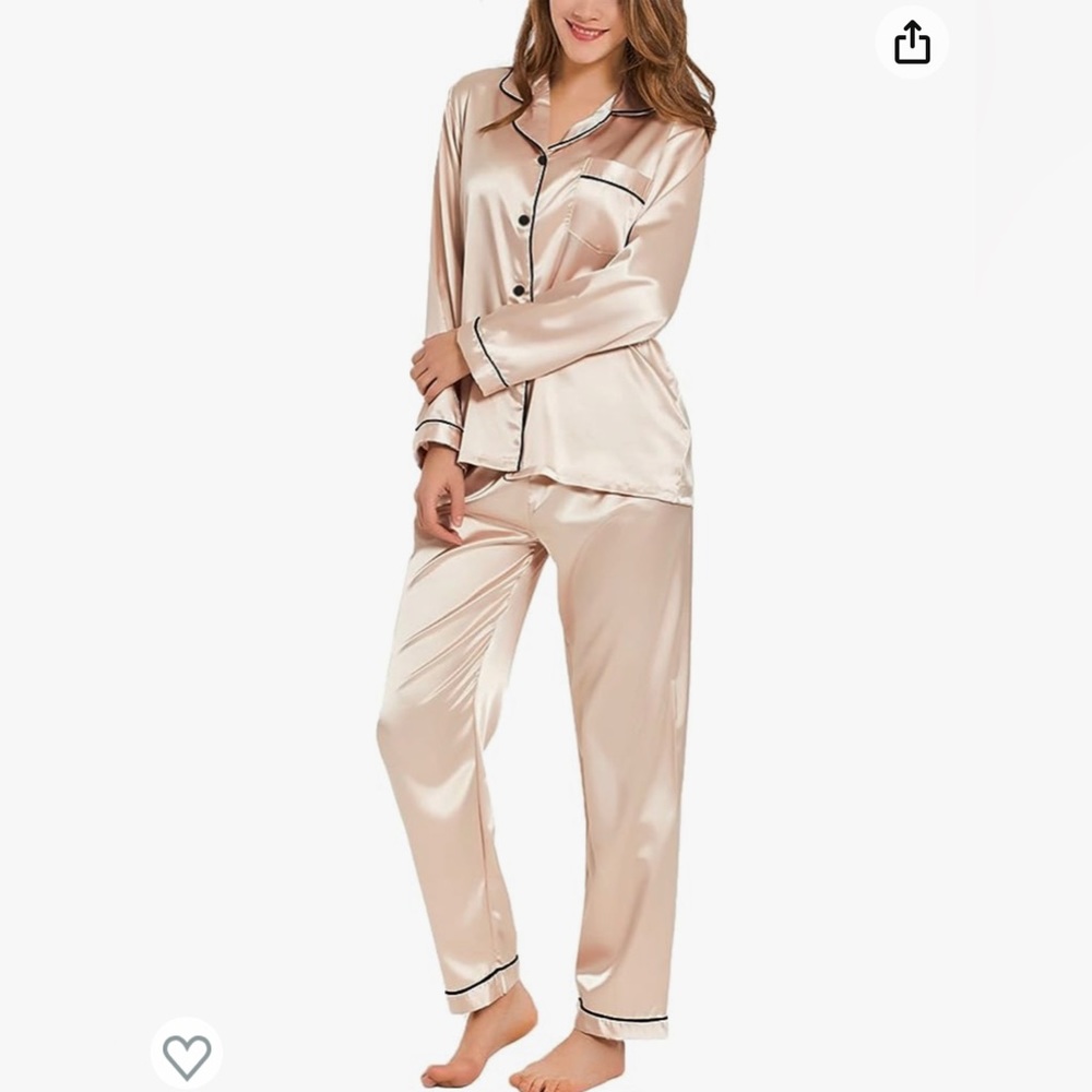 Women’s champagne silk satin pajamas loungewear, two piece top and bottom
